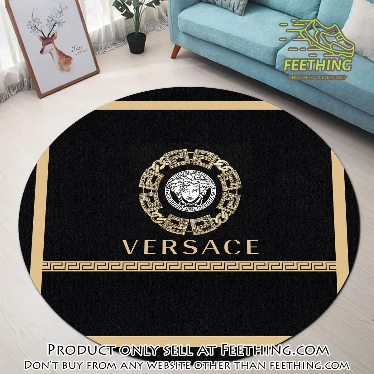 Versace medusa golden pattern black luxury brand fashion round rug carpet home decor special gift ft4405009